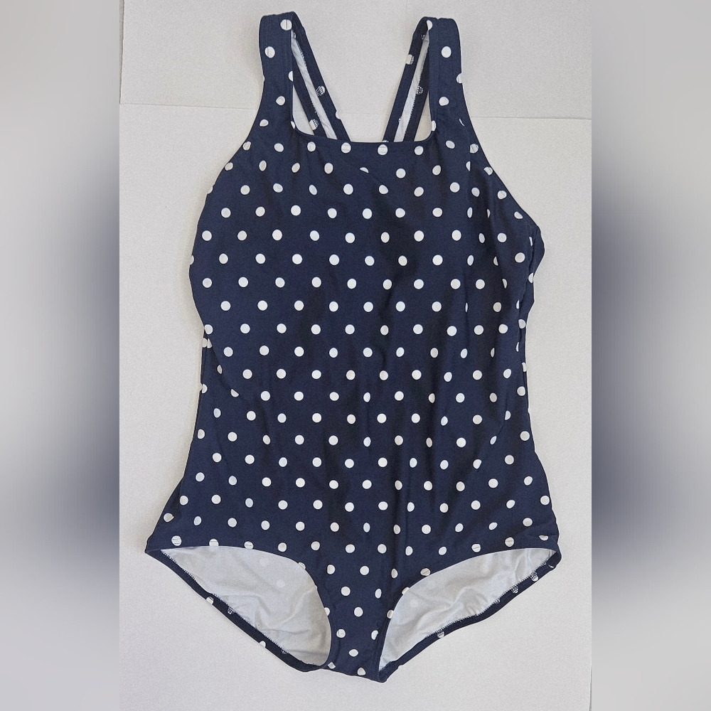 New Lands' End Navy White Polka Dot Kid Youth One Pieces swimsuit size L,14-16